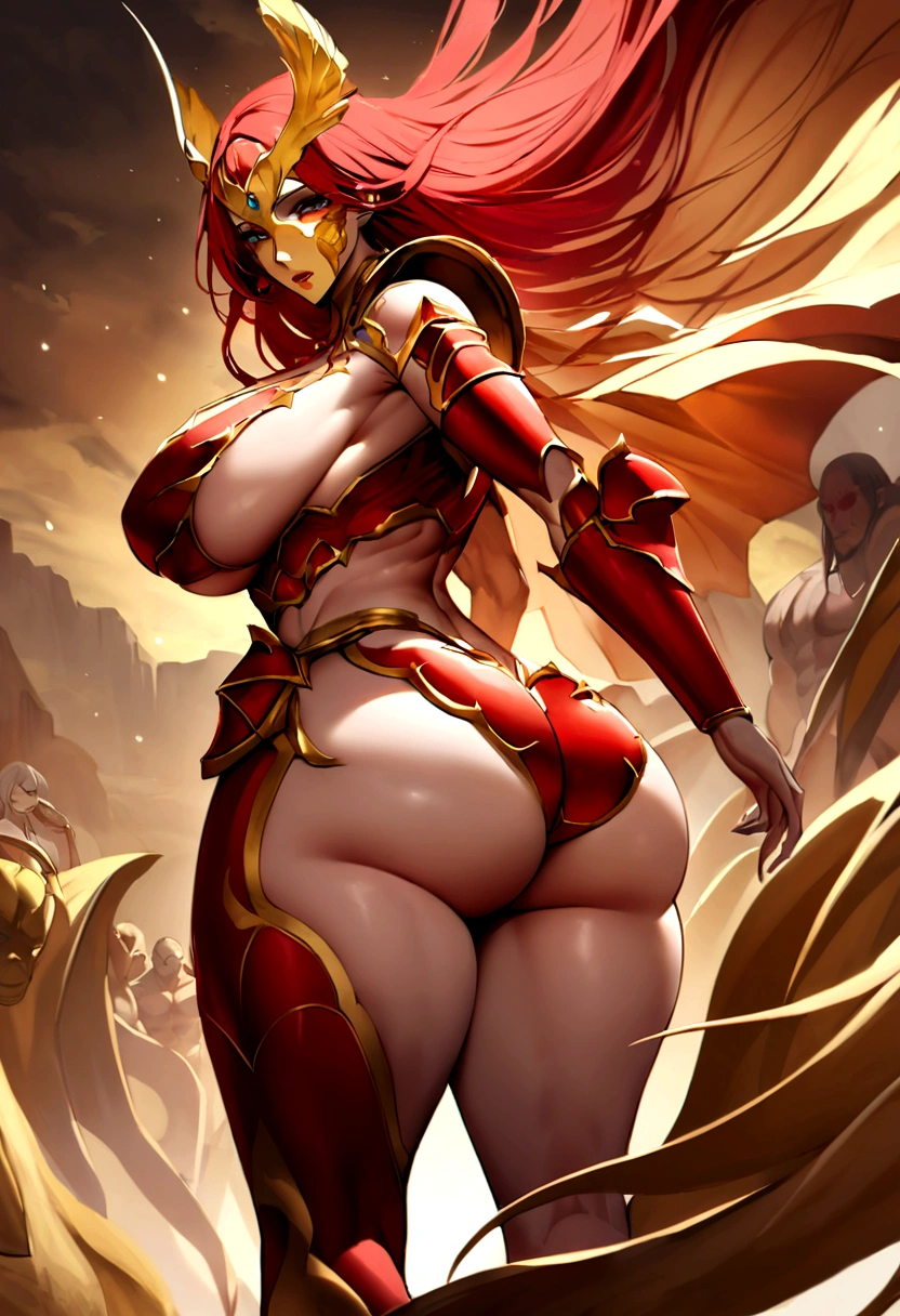 Create a Gorgon with red hair and big breasts her cause is red and long, your face is beautiful and angelic, A golden mask covers his face at the top and his eyes on his helmet, and red armor over his slender, muscular body, she has big breasts and ass 
