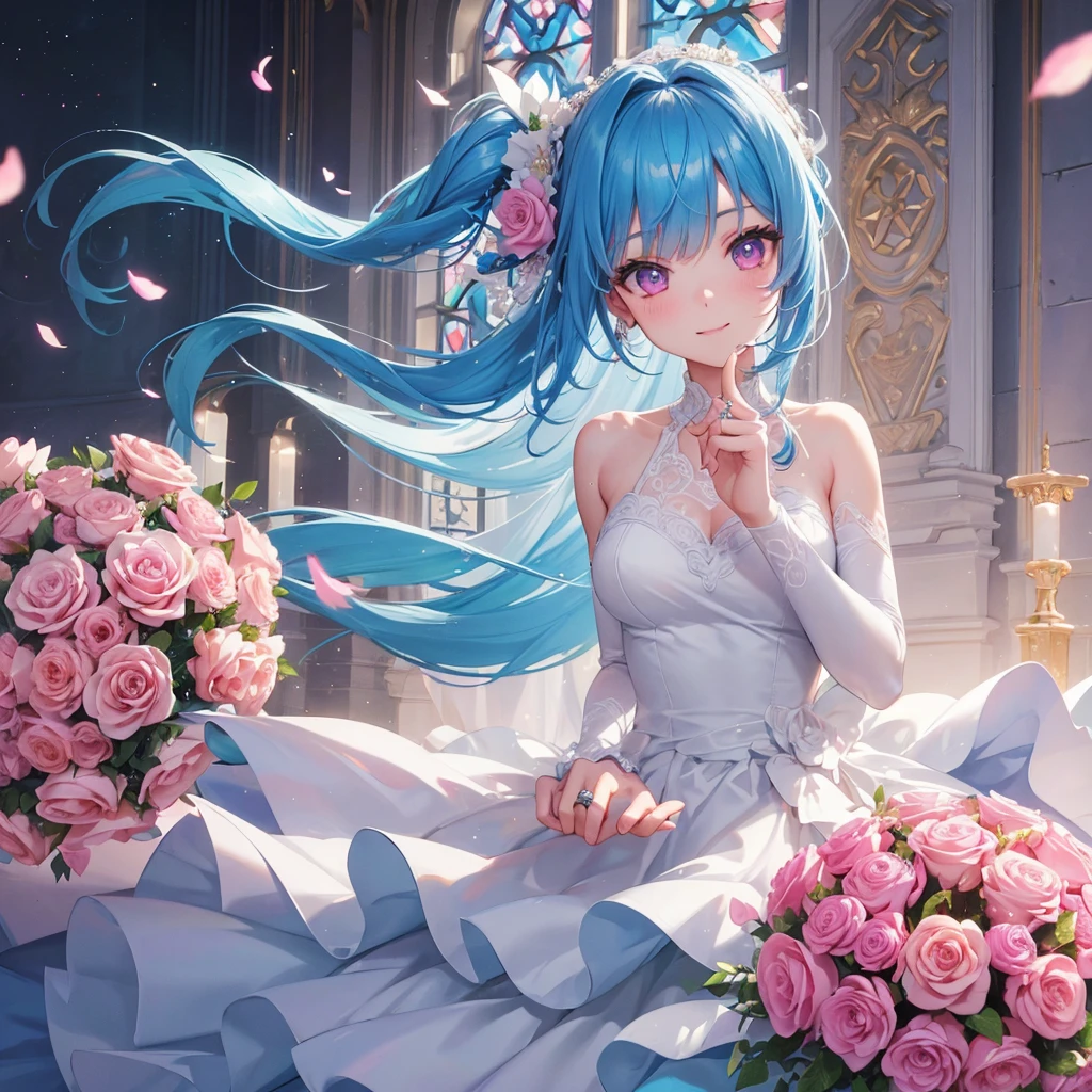Sky blue hair, (One braided ponytail),(Pink Eyes),Fair skin ,(whole body),(One girl),bride,A big smile,Straight bangs, 6月のbride,Wedding dress,(masterpiece, Highest quality, Very detailed, Best Shadow), (Detailed Background), (Beautifully detailed face), High Contrast, (Best lighting, Very delicate and beautiful), ((Cinematic Light)), colorful, Hyper Detail, Dramatic Light, Intricate details,Chapel background,A bouquet of roses in the right hand,Ring on left ring finger,
