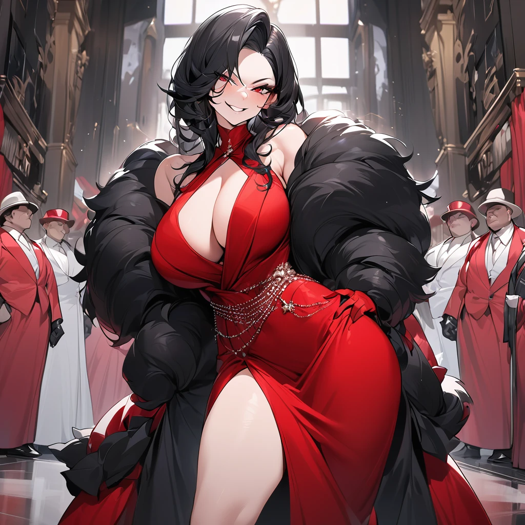 A white woman, black hair, milf, Aristocrat mafia boss, dressed in a full composed red gown that accentuate her curves coveing her entire body, ruthless expression with a smile on face, opulent modern background. SFW image.