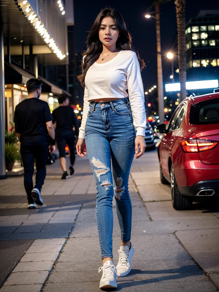 A modest girl, wavy hair, eyeshadow, eyeliners, eyelash, double eyelid, blush on, wearing casual elegant shirt with u-neck spandex, high-end fashion jeans, stilettos, adidas sneakers, elegant walk pose, night at downtown sidewalk, front view, standing on the floor, dynamic lighting, masterpiece, ultra detailed, movie scene, dramatic photo, perspective, vignette, cinematic