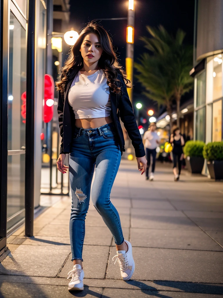 A modest girl, wavy hair, eyeshadow, eyeliners, eyelash, double eyelid, blush on, wearing casual elegant shirt with u-neck spandex, high-end fashion jeans, stilettos, adidas sneakers, elegant walk pose, night at downtown sidewalk, front view, standing on the floor, dynamic lighting, masterpiece, ultra detailed, movie scene, dramatic photo, perspective, vignette, cinematic