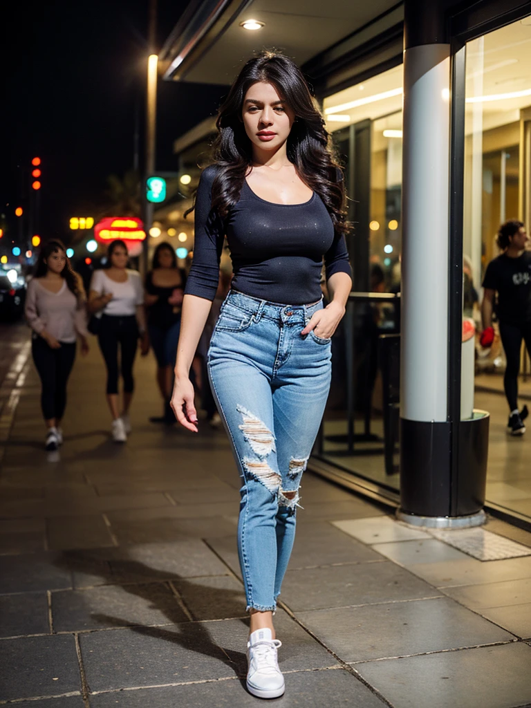 A modest girl, wavy hair, eyeshadow, eyeliners, eyelash, double eyelid, blush on, wearing casual elegant shirt with u-neck spandex, high-end fashion jeans, stilettos, adidas sneakers, elegant walk pose, night at downtown sidewalk, front view, standing on the floor, dynamic lighting, masterpiece, ultra detailed, movie scene, dramatic photo, perspective, vignette, cinematic