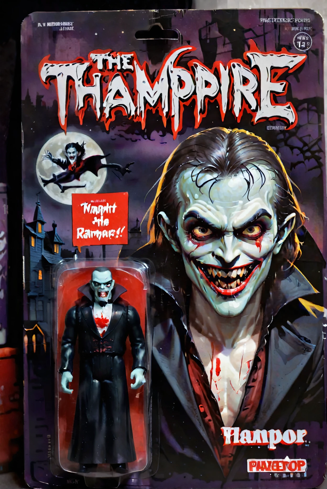 a toy figure of Vampire from a horror movie with the title "The Vampire", illustration night on package