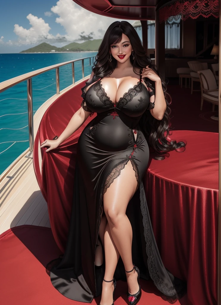 Jessica Rabbit, 27 years old, full body view Beautiful woman (((long wavy brunette hair, two side up with bangs))) defined body, voluptuous, ????, Red lipstick, hands free, mouth slightly open, smiling, standing facing camera,((( short sleeve, sparkling black satin long gown with black lace trim and black lace embroidering and matching heels))), on the deck of a super yacht anchored near a tropical island, (large_???????:1.4) (curvy:1.3)(chubby:1.0)