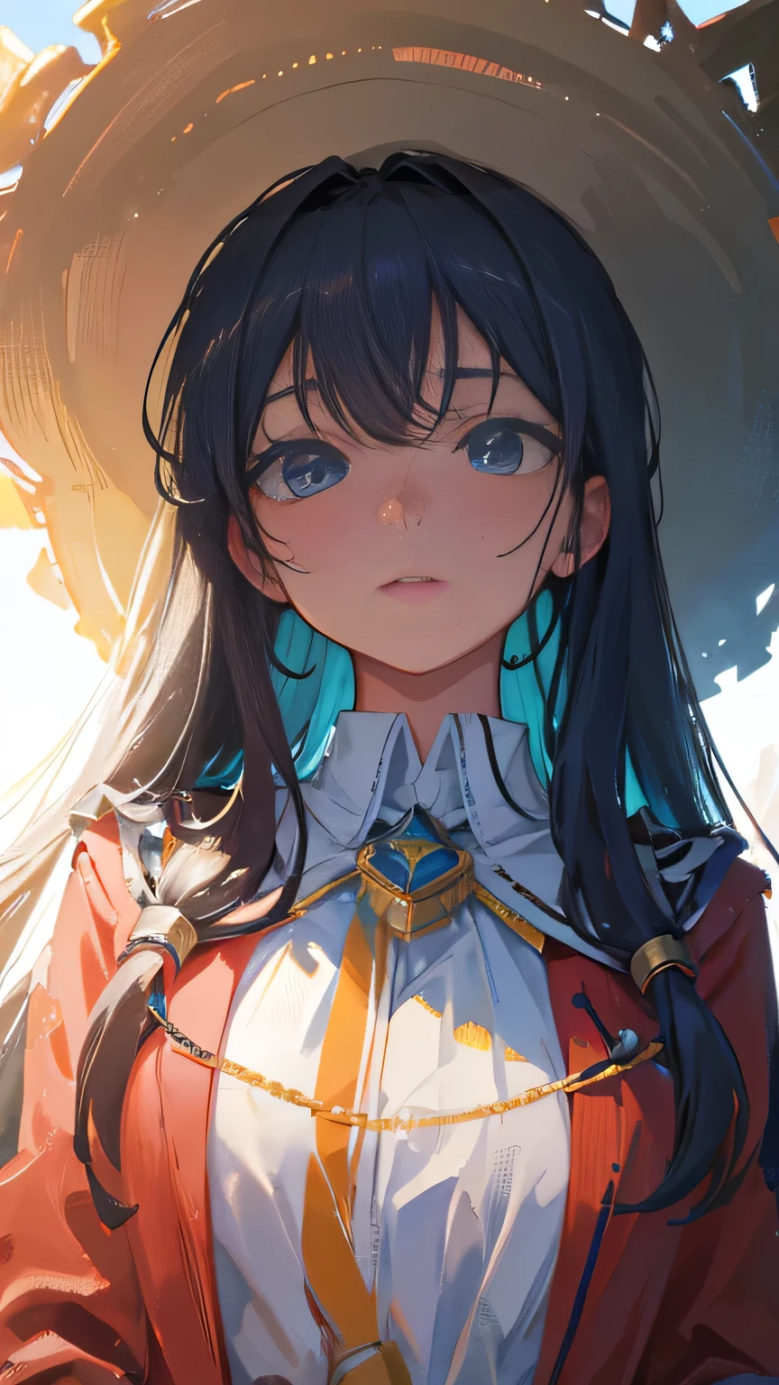 ((best quality)), ((masterpiece)), (detailed face and eyes), detailed hands and fingers, perfect face, accurate, textured skin, high details, gradient hair, hair between eyes, hair over shoulder, big hair, hair over eyes, anime, sparkle, Military uniform, military medal, medal, American Revolutionary War era officers, US Army, Background (battlefield), dusty wilderness, Composition (looking up from below), cowboy shot