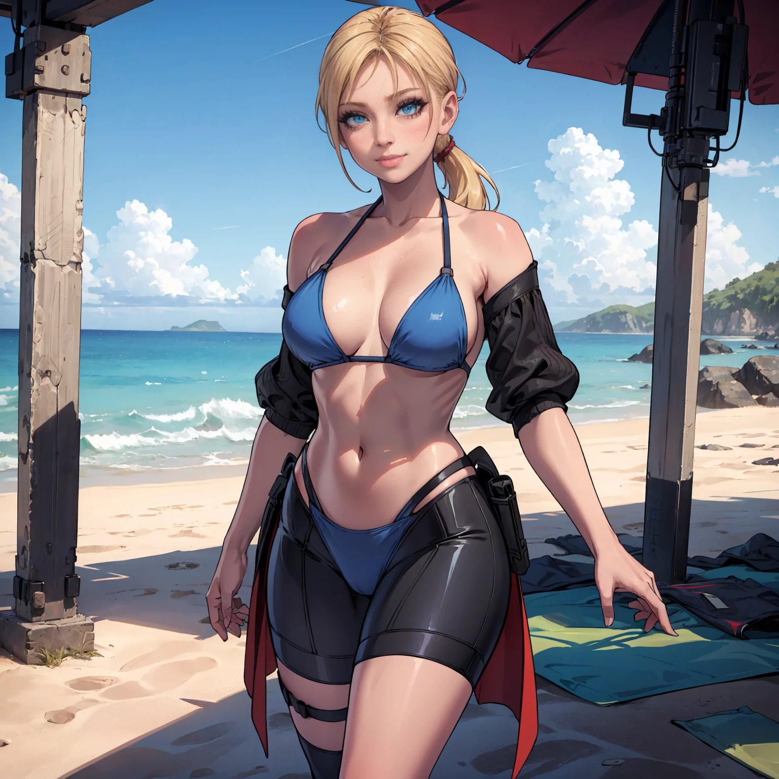 jill valentine (resident evil 5), ((long blonde hair, ponytail, glowing blue eyes, makeup, narrow waist, skinny, medium breasts)), pelvic curtain, ((blue bikini, Bright red jewel in the middle of the chest)), full body, perfect body, (insanely detailed, beautiful detailed face, masterpiece, best quality) , (((solo))), (((1girl))), (((mature))), (extremely detailed 8k paper CG wall unit: 1.1), (beach, sky, ocean, dusk), (smile face for the viewer), beach sarong