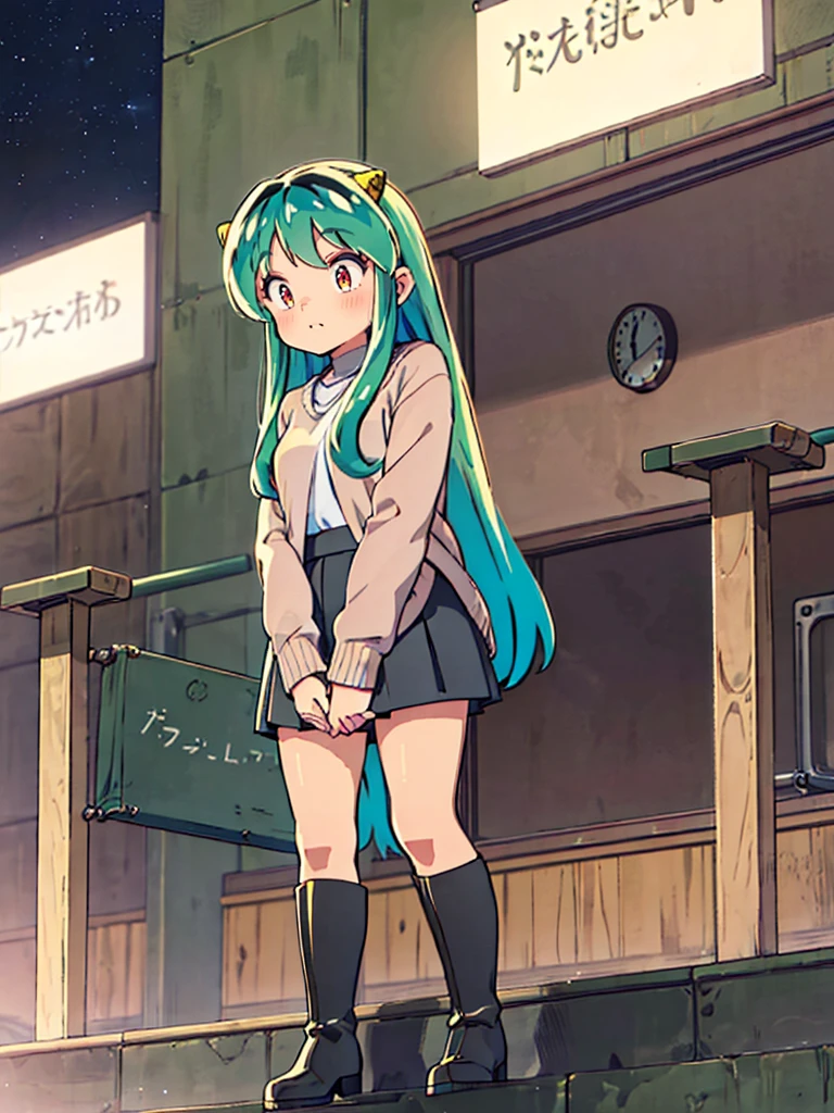 masterpiece, Highest quality, 1 Girl, Lum, happy, blush, Grey knit, Black Mini Skirt, Grey tights, boots,anime, From before, blush, Standing with hands clasped in front of the body, Embarrassed, Mature, 18-year-old, City of night, Gaze Here, High definition, Japan, Green Hair、From below、Focus on the feet