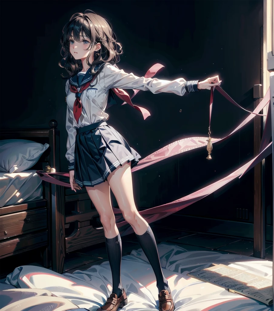 absurdres, RAW photo, extremely delicate and beautiful, masterpiece, Best Quality, ultra high resolution, 32k, hyperrealistic, ultra-detailed, ((perfect anatomy)), super Detailed skin, perfect figure, Very detailed CG 8k wallpaper, in her 20s, very small head, very small face, delicate facial features, tearful mole, earring, very huge round breasts, full body shot, shorter middle hair, wavy hair, outdoor, ((((school uniform)))), bed,