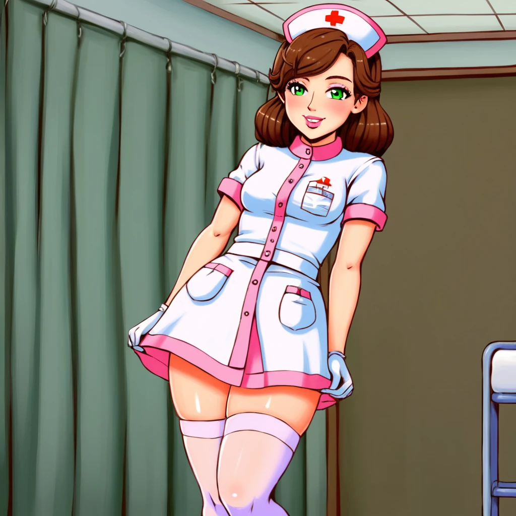 slutty floozy 1girl , solo, whore floozy sleazy lacivious nurse lingerie using pantyhoose, nurse cap, low pink wear, ((low ping legwear, zettai ryouiki)), white gloves,extremely detailed lace lingerie, drooping eyes, pink lips, smile, standing, ((hospital room)), sharp outline, short sleeves, young female, 18 years old, best quality, masterpiece painted by ilya kuvshinov, gaston bussiere, craig mullins, hajime sorayama alphonse mucha, artstation, Despite the provocative elements, the image remains tasteful, focusing on artistic expression and contrasting gothic horror vibes with vibrant paint splatters. The final product is a highly detailed, stylized oil photo, masterfully created with HDR technology and 8k resolution.
