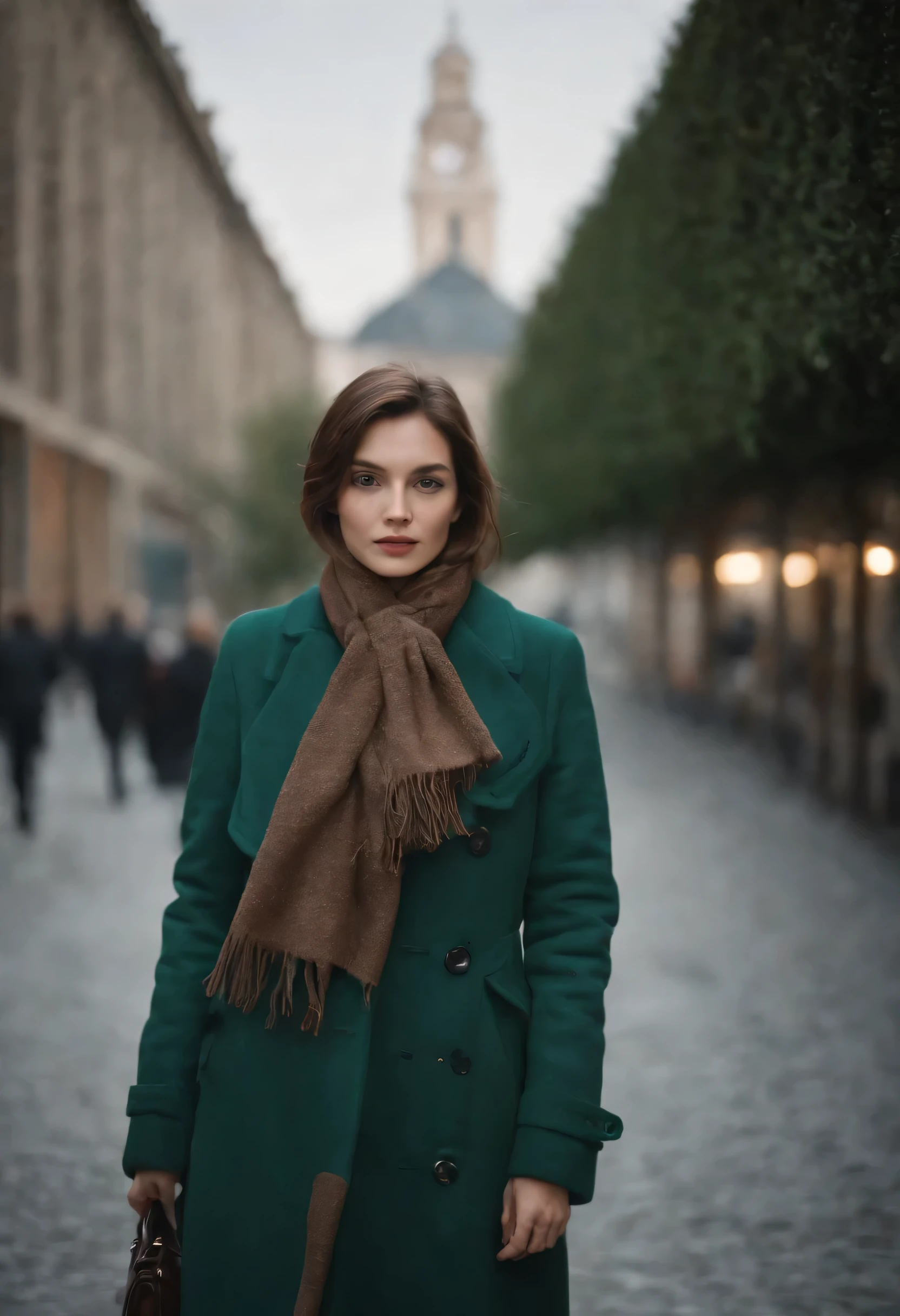 a person with a scarf and coat in the image, not brutalist style, ferrânia p30, uniformly prepared images, light indigo and dark green, kei hall, Minolta Riva Mini, mix of masculine and feminine elements,trunk