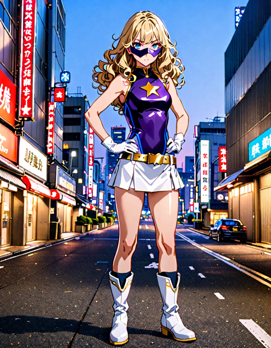 One girl, Medium chest, (((leotard, アメリカの国旗のleotard, No sleeve, White mini skirt,barefoot))), ((Tight belt, Gold Belt)), ((boots, matching boots, ankle boots, white boots)), ((gloves, white gloves)), Urban Background, tokyo Urban Background, alone, single, Hands on hips, Are standing, ((Full Body Shot)), Cowboy Shot, Superhero, ((Beautiful attention to detail)), (Gold star symbol on chest), (((Purple eye mask))),(((blue eyes))),(((Blonde Hair, Medium length curly hair, blue eyes))), (Perfect Anatomy), masterpiece, Highest quality