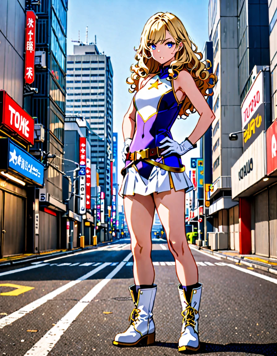One girl, Medium chest, (((leotard, 白色と青色のleotard, No sleeve, White mini skirt))), ((Tight belt, Gold Belt)), ((boots, matching boots, ankle boots, white boots)), ((gloves, white gloves)), Urban Background, tokyo Urban Background, alone, single, Hands on hips, Are standing, (((Upper Body Shot))), Cowboy Shot, Superhero, ((Beautiful attention to detail)), (Gold star symbol on chest), (((Purple eye mask))),(((blue eyes))),(((Blonde Hair, Medium length curly hair, blue eyes))), (Perfect Anatomy), masterpiece, (((Highest quality)))