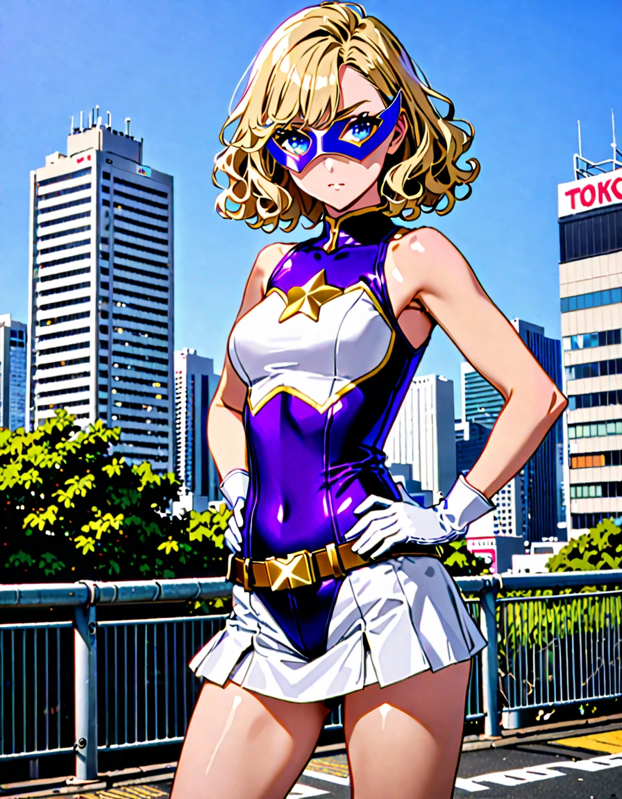 One girl, Medium chest, (((leotard, 白色と青色のleotard, No sleeve, White mini skirt))), ((Tight belt, Gold Belt)), ((boots, matching boots, ankle boots, white boots)), ((gloves, white gloves)), Urban Background, tokyo Urban Background, alone, single, Hands on hips, Are standing, (((Upper Body Shot))), Cowboy Shot, Superhero, ((Beautiful attention to detail)), (Gold star symbol on chest), (((Purple eye mask))),(((blue eyes))),(((Blonde Hair, Medium length curly hair, blue eyes))), (Perfect Anatomy), masterpiece, (((Highest quality)))