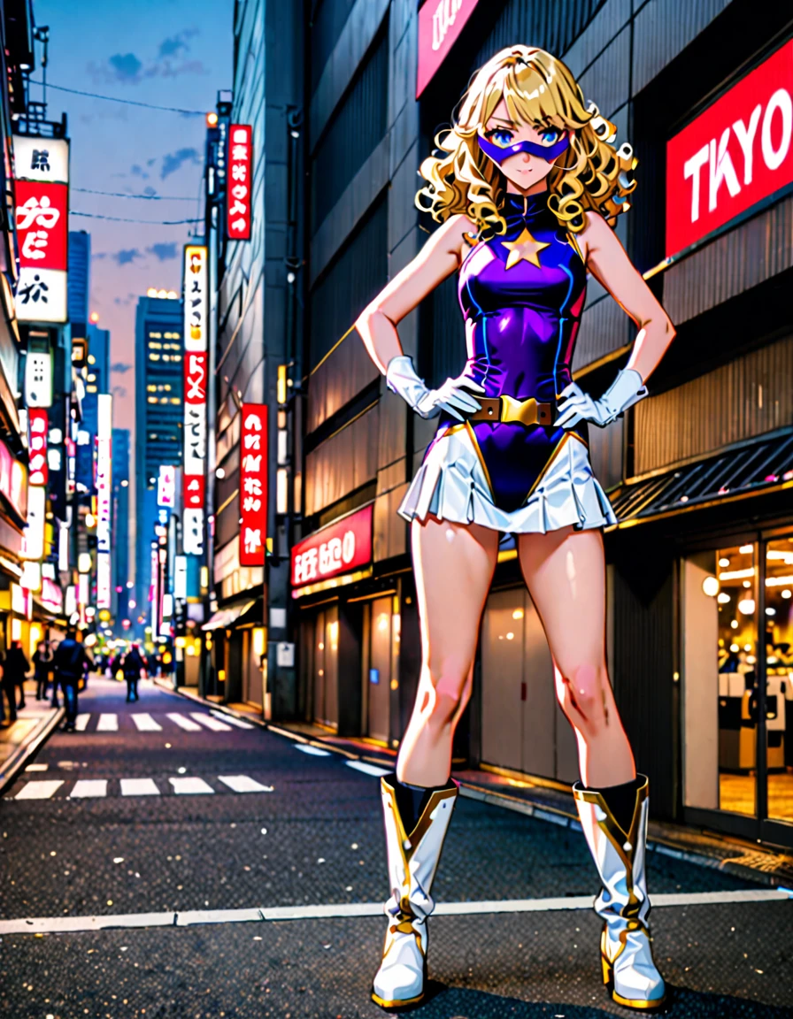 One girl, Medium chest, (((leotard, 白色と青色のleotard, No sleeve, White mini skirt))), ((Tight belt, Gold Belt)), ((boots, matching boots, ankle boots, white boots)), ((gloves, white gloves)), Urban Background, tokyo Urban Background, alone, single, Hands on hips, Are standing, (((Upper Body Shot))), Cowboy Shot, Superhero, ((Beautiful attention to detail)), (Gold star symbol on chest), (((Purple eye mask))),(((blue eyes))),(((Blonde Hair, Medium length curly hair, blue eyes))), (Perfect Anatomy), masterpiece, (((Highest quality)))