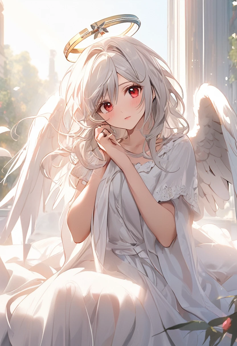 masterpiece , morning , beauty , white hair , red eyes , halo ring angel ,