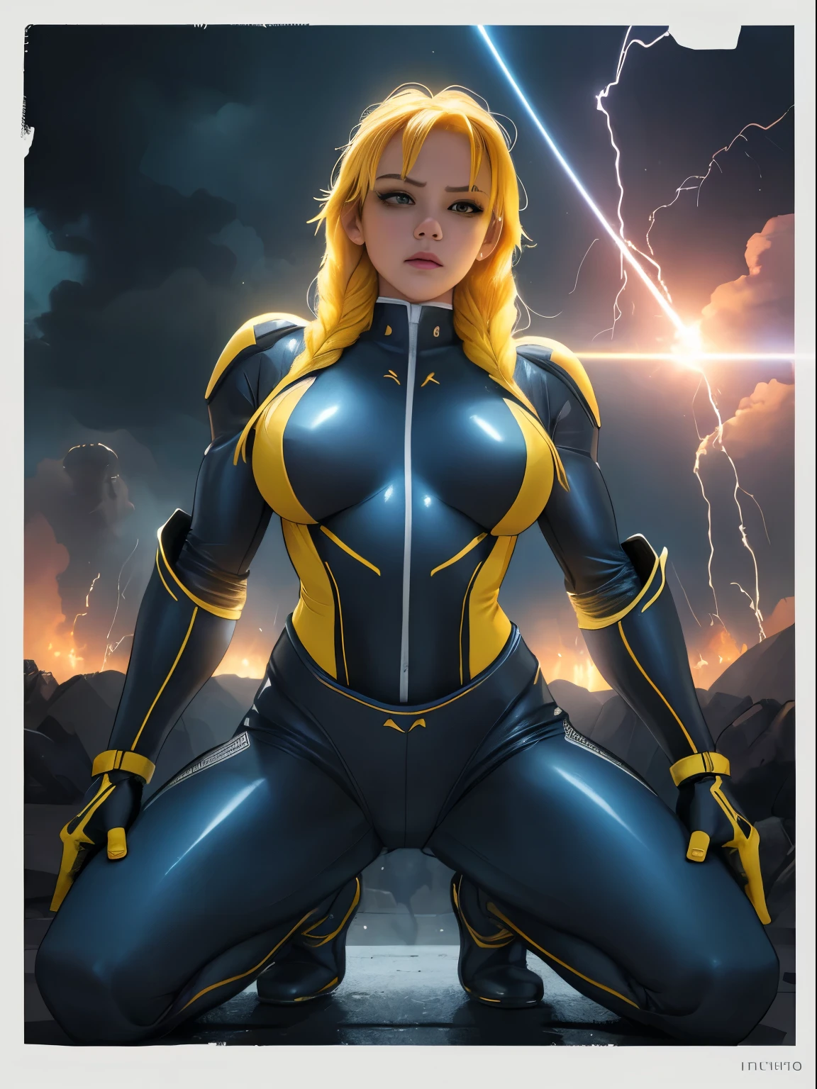 a powerful thunder ranger with a beautiful face, small breasts, wearing a tight suit, with yellow hair, wielding alien weapons, against a dramatic thunder backdrop, ultra-detailed, 8k, highly realistic, cinematic lighting, dramatic colors