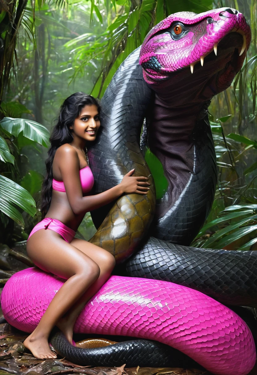 Topless pink bikini wearing aroused horny beautiful happy indian teen girl vs Giant black anaconda monster wrapped around her body squeezing her in coiled embrace cuddling and kissing sexual erotic bestiality sex realistic in the rainforest full body, best quality wet