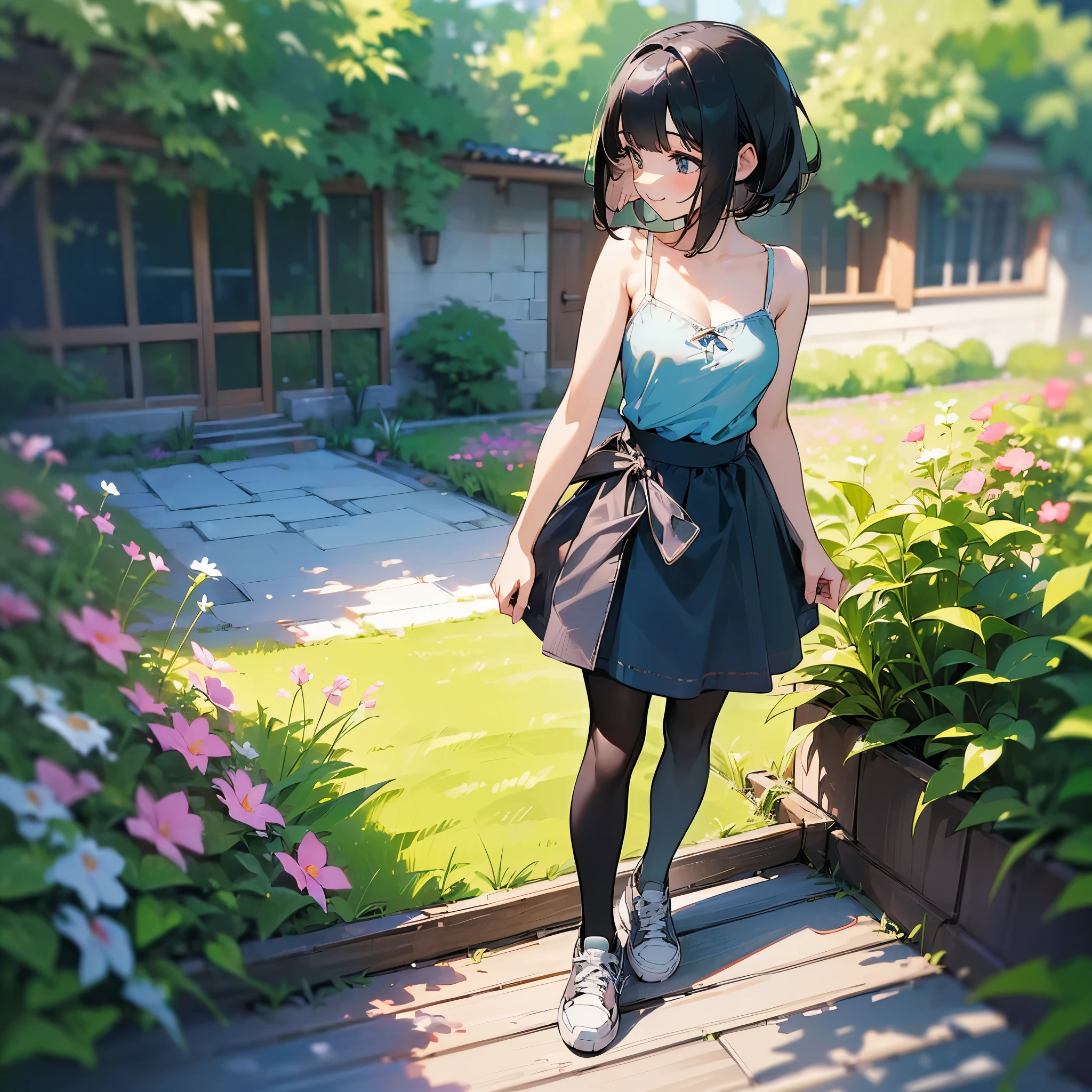 (high quality, High resolution, Very detailed, reality:1.37), Peaceful atmosphere, (Outdoor, garden), Teenage girl standing alone, (my breasts are big.), Beautiful details, Cute Smile, (Black bob hair), camisole, Denim skirt, Black tights, sneakers.