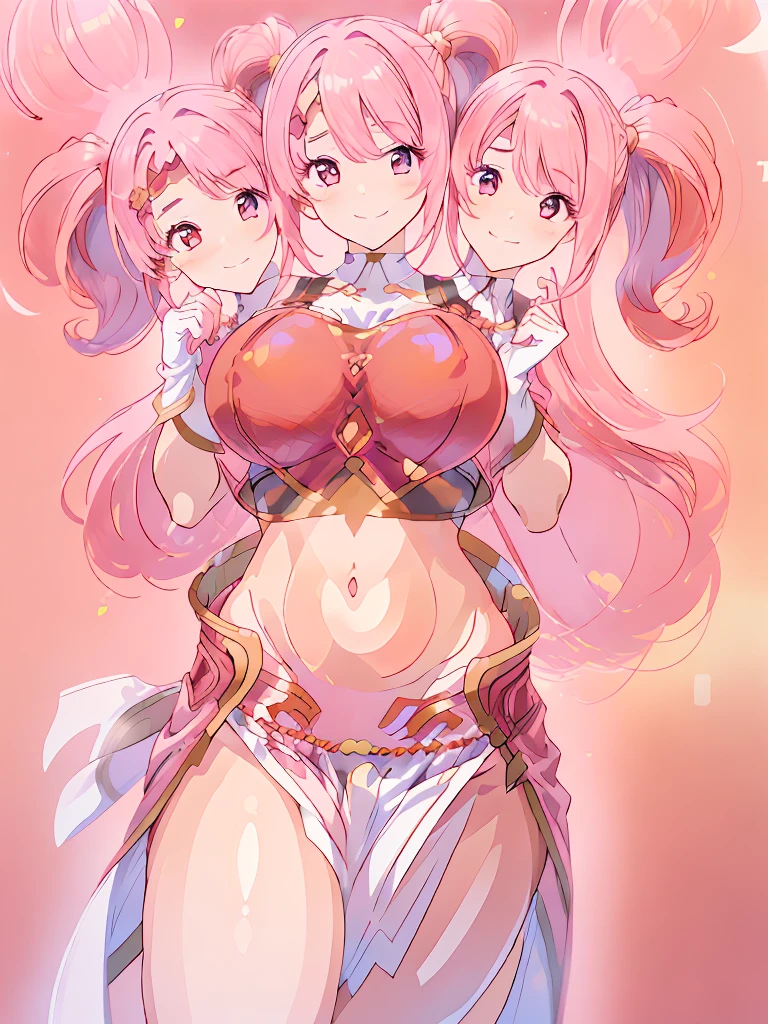 (masterpiece, best quality), best resolution, (3heads:1.5), 1girl, pink hair, flowing hair, pingtails smiling, soft smile, open belly, pink-red crop top, white miniskirt, open breasts, huge tits, sexy pose, beautiful eyes, orange eyes, alluring presence, beautiful eyes, detailed eyes,