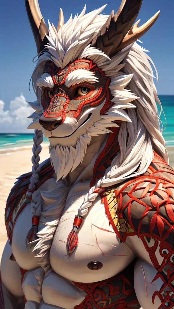 (masterpiece),(highres),(intricate details:1.4),extremely detailed,(illustration:1.2),8k,photorealistic,Anime headshot,exquisite,solo,aged,elder male eastern dragon,muscular,general,(naked upper body:1.4),(white hair:1.3),long hair,braided hair,beard,scar,naked,on the seacoast,beach resort,swimwear,beach,warm sunshine ,smiling face 