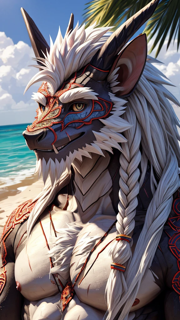(masterpiece),(highres),(intricate details:1.4),extremely detailed,(illustration:1.2),8k,photorealistic,Anime headshot,exquisite,solo,aged,elder male eastern dragon,muscular,general,(naked upper body:1.4),(white hair:1.3),long hair,braided hair,beard,scar,naked,on the seacoast,beach resort,swimwear,beach,warm sunshine ,smiling face
