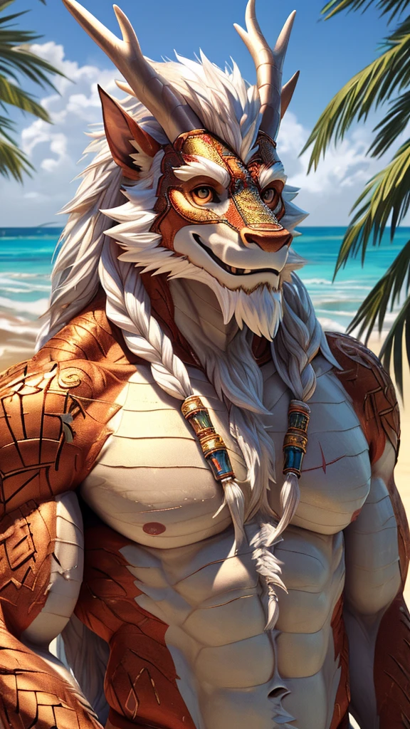 (masterpiece),(highres),(intricate details:1.4),extremely detailed,(illustration:1.2),8k,photorealistic,Anime headshot,exquisite,solo,aged,elder male eastern dragon,muscular,general,(naked upper body:1.4),(white hair:1.3),long hair,braided hair,beard,scar,naked,on the seacoast,beach resort,swimwear,beach,warm sunshine ,smiling face 