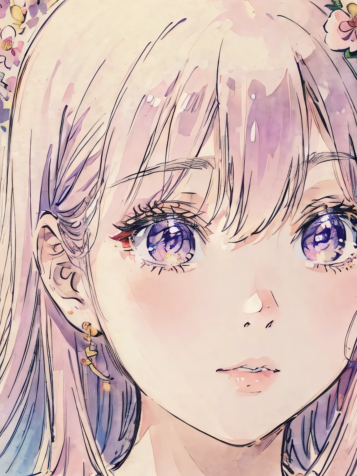 The most beautiful girl of all time、chibi, Face close-up、Soft lighting、Colored pencil style、lipsin love、Long Hair、Background Flowers