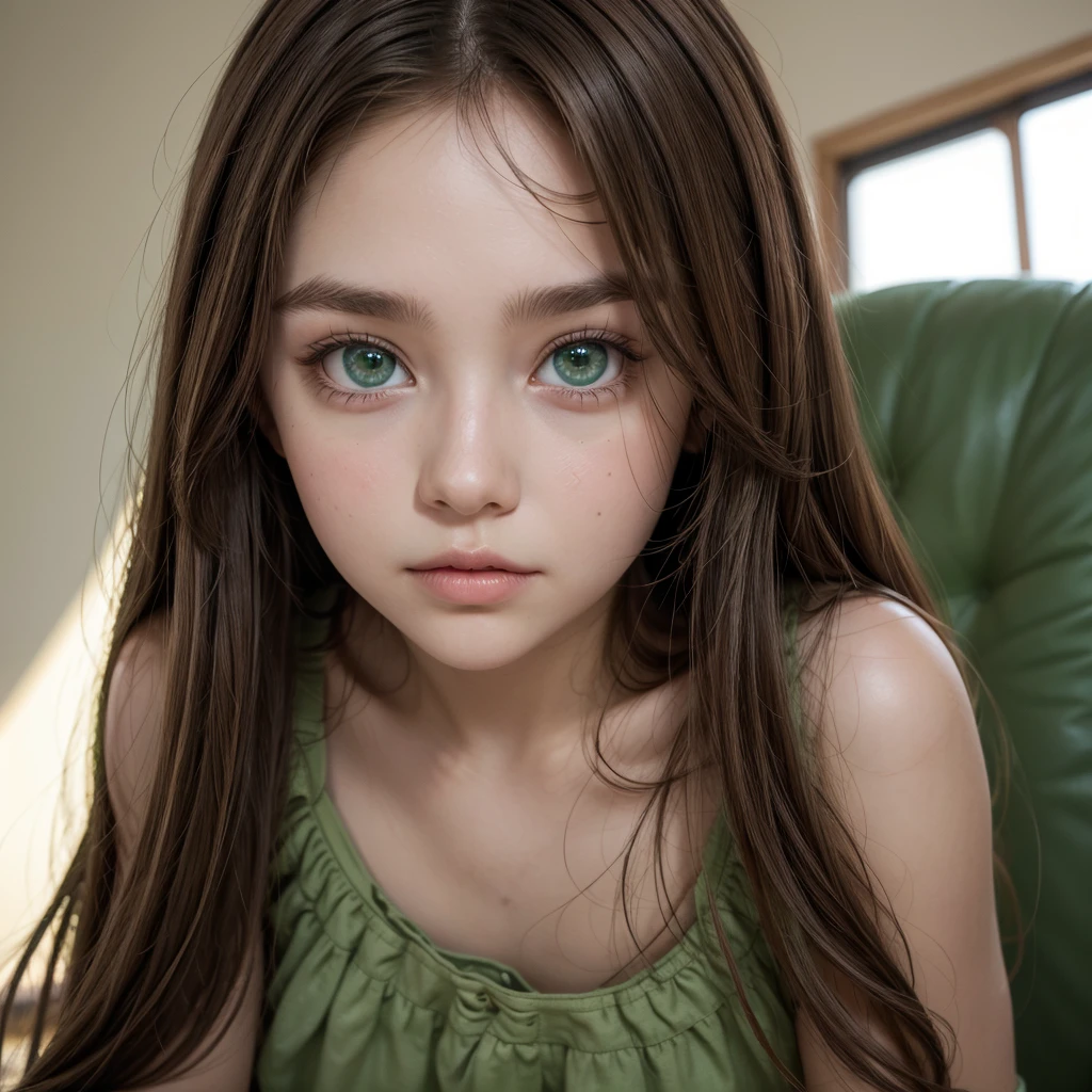 Beautiful girl brown hair big straight green eyes