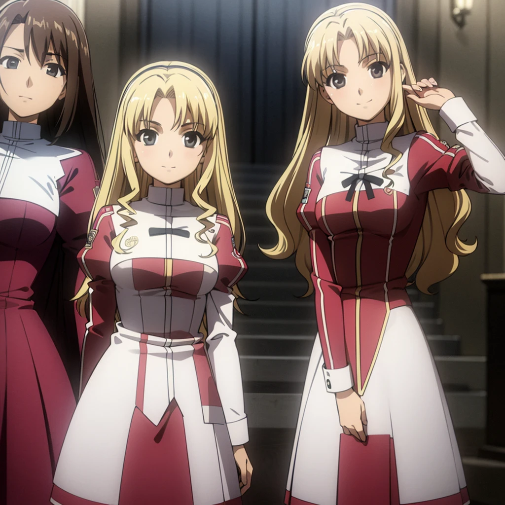 masterpiece, high quality, Multiple girls, organization, Same sisters, Blonde Hair, curls, (brown haired sisters, Blonde sisters, many sisters, Match hairstyle, different hair colors), Hazel eyes, Medium bust, ((Matching Clothing, Uniforms)), Smile, flat_color, Same height, organization pose, Back to back,