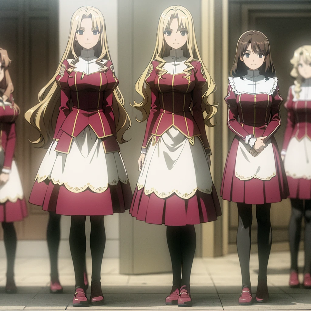masterpiece, high quality, Multiple girls, organization, Same sisters, Blonde Hair, curls, (brown haired sisters, Blonde sisters, many sisters, Match hairstyle, different hair colors), Hazel eyes, Medium bust, ((Matching Clothing, Uniforms)), Smile, flat_color, Same height, organization pose, Back to back,