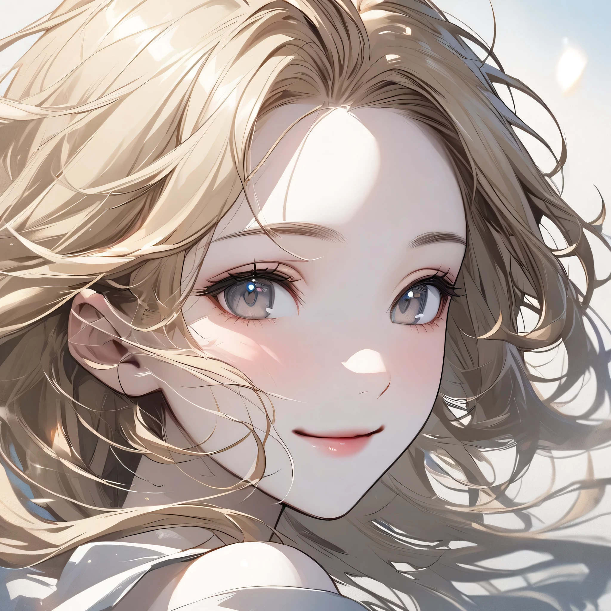 Beautiful, girl, ethereal, face close-up, wind, smiling, pure, simple, light blonde hair, gray eyes, angelical, large forehead, pale skin, delicate
