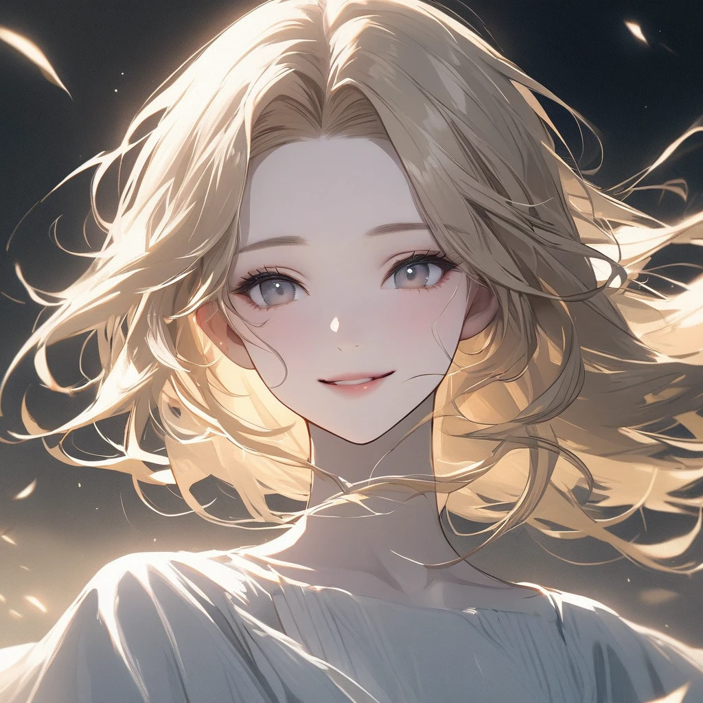 Beautiful, girl, ethereal, face close-up, wind, smiling, pure, simple, light blonde hair, gray eyes, angelical, large forehead, pale skin, delicate 