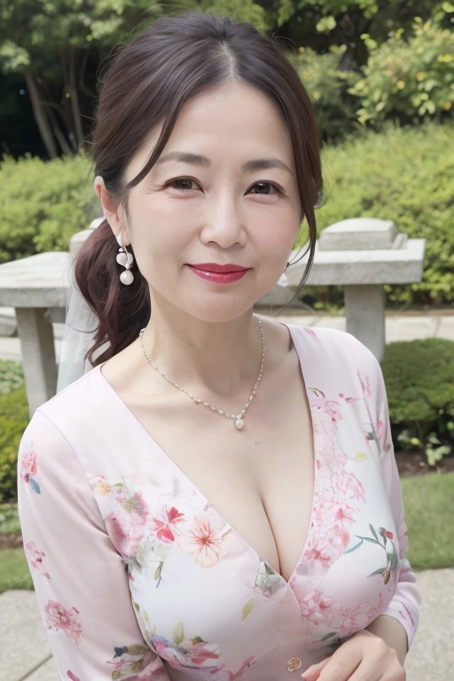 Beautiful mature 55 year old Japanese woman, Married women, Fine Lines, Long eyelashes, Shining Eyes, Low Ponytail, Red lipstick, Pink Cheeks, elegant, Pearl Necklace, Earrings, summer, 真summerの衣装, Cleavage, Floral clothes, Upper Body, English Garden, (Highest quality,4K,8K,High resolution,masterpiece:1.2),