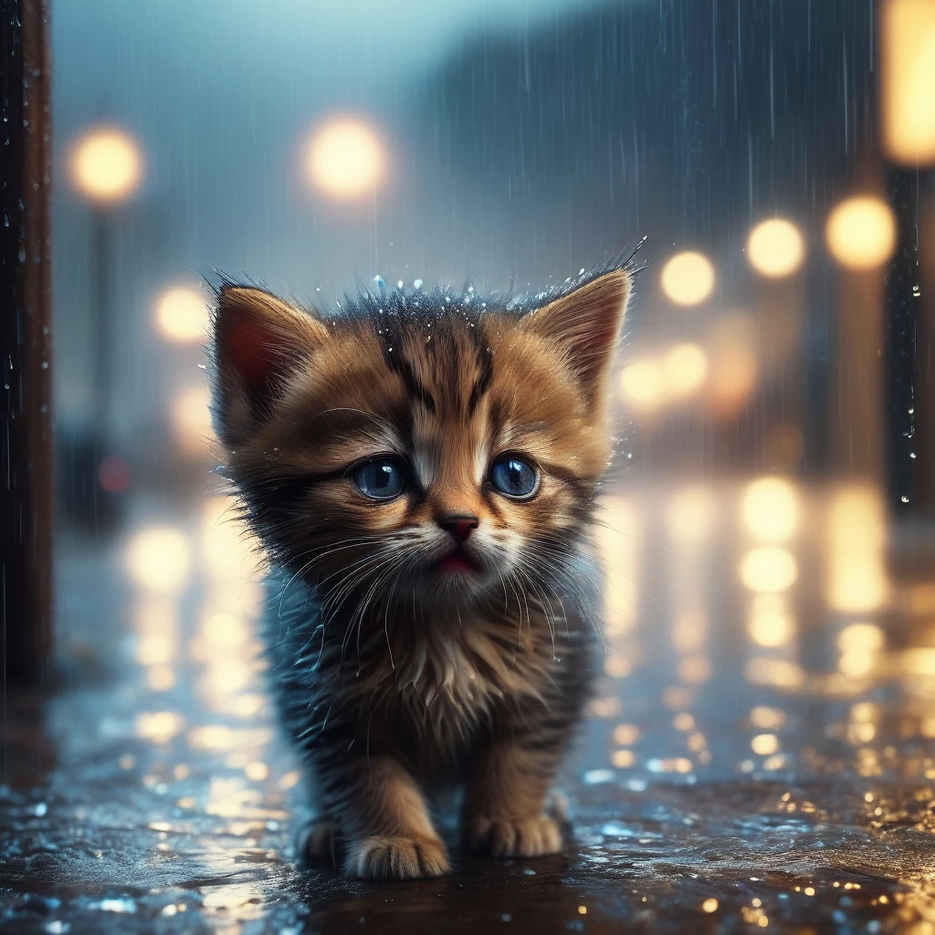 a small kitten standing alone in the pouring rain, desperate and hopeless, its thin body drenched, its eyes empty and numb, trembling shoulders, closed eyes, surrounded by a blurry, indifferent world, overwhelmed by despair and darkness, (best quality,4k,8k,highres,masterpiece:1.2),ultra-detailed,(realistic,photorealistic,photo-realistic:1.37),HDR,UHD,studio lighting,extremely detailed eyes and face,longeyelashes,beautiful detailed eyes,beautiful detailed lips,animal portrait,dynamic pose,moody lighting,cold color tones,rain effects,gloomy atmosphere