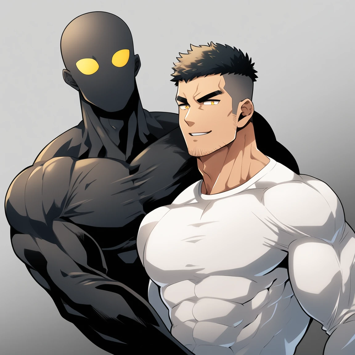 anime characters：Two superheroes in tights, Muscle Sports Student and Muscle No Face No Eyes skinhead superhero, No Face，negro black skin, They hugged and kissed each other, Bite your neck, Caress, Manliness, male focus, Yellow and black high collar long sleeve tight T-shirt, Slightly transparent material, Very tight, Round, full and perky chest muscles, Muscle waist, Slightly transparent, muscular male, muscular, only, Upper body, alone, Black short hair, Thick eyebrows, stubble, Yellow eyes, Grey background, simple background, amazing quality, best aesthetics, Ridiculous, bright pupils, crew cut, parted lips, seductive smile, torogao, naughty face, drop shadow, best quality