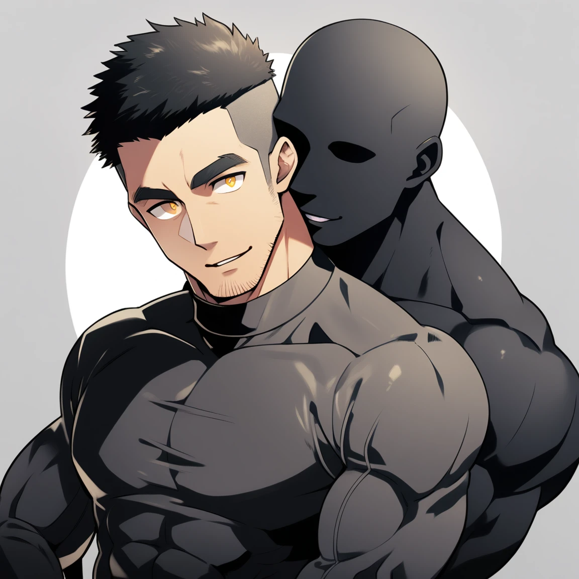 anime characters:Two superheroes in tights, Muscle Sports Student and Muscle No Face No Eyes skinhead superhero, No Face,negro black skin, They hugged and kissed each other, Bite your neck, Caress, Manliness, male focus, Yellow and black high collar long sleeve tight T-shirt, Slightly transparent material, Very tight, Round, full and perky chest muscles, Muscle waist, Slightly transparent, muscular male, muscular, only, Upper body, alone, Black short hair, Thick eyebrows, stubble, Yellow eyes, Grey background, simple background, amazing quality, best aesthetics, Ridiculous, bright pupils, crew cut, parted lips, seductive smile, torogao, naughty face, drop shadow, best quality