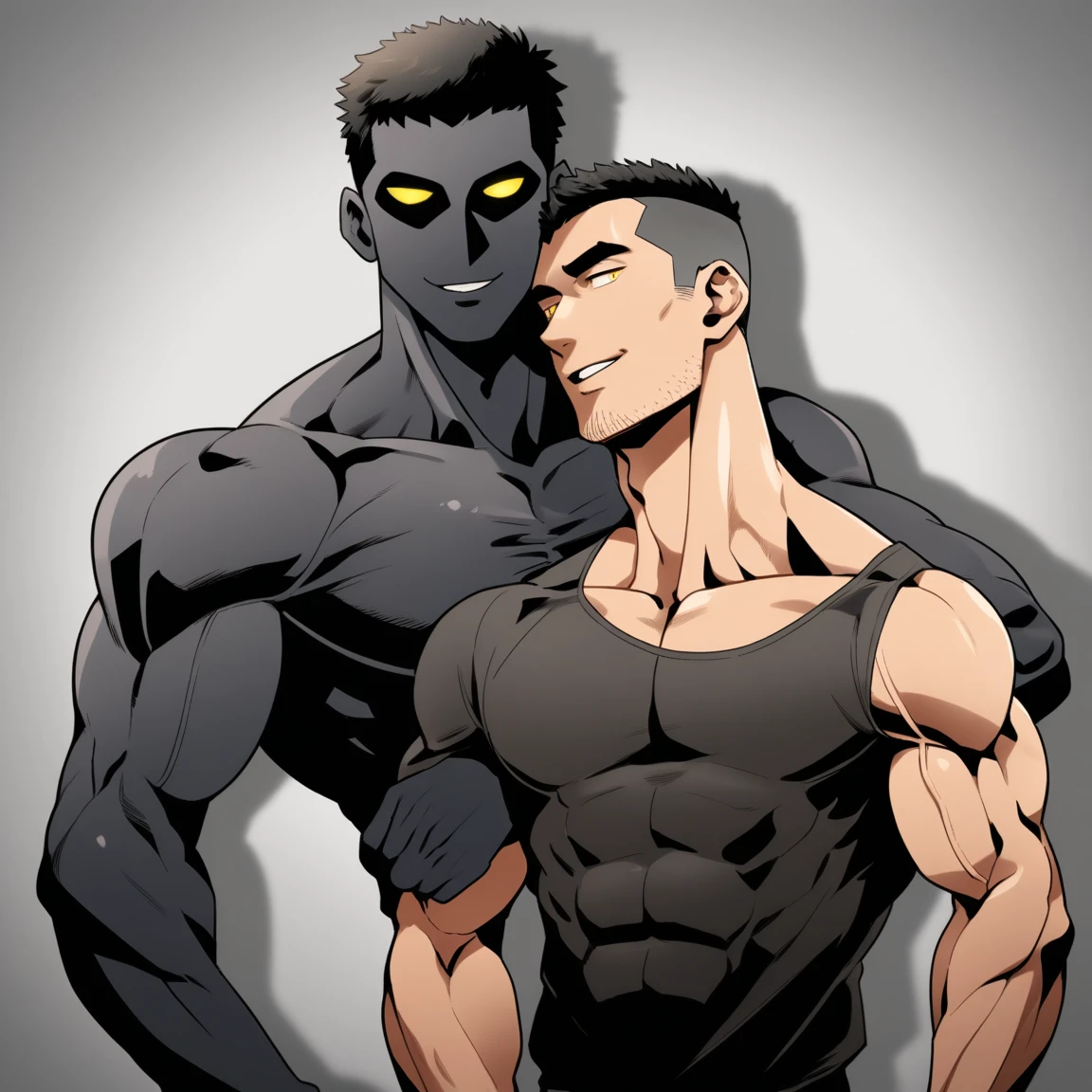 anime characters:Two superheroes in tights, Muscle Sports Student and Muscle No Face No Eyes skinhead superhero, No Face,negro black skin, They hugged and kissed each other, Bite your neck, Caress, Manliness, male focus, Yellow and black high collar long sleeve tight T-shirt, Slightly transparent material, Very tight, Round, full and perky chest muscles, Muscle waist, Slightly transparent, muscular male, muscular, only, Upper body, alone, Black short hair, Thick eyebrows, stubble, Yellow eyes, Grey background, simple background, amazing quality, best aesthetics, Ridiculous, bright pupils, crew cut, parted lips, seductive smile, torogao, naughty face, drop shadow, best quality