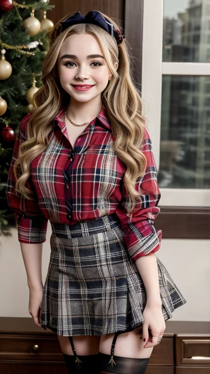 Sabrina Carpenter dressed in unbuttoned blouse with plaid miniskirt and stockings with a smile