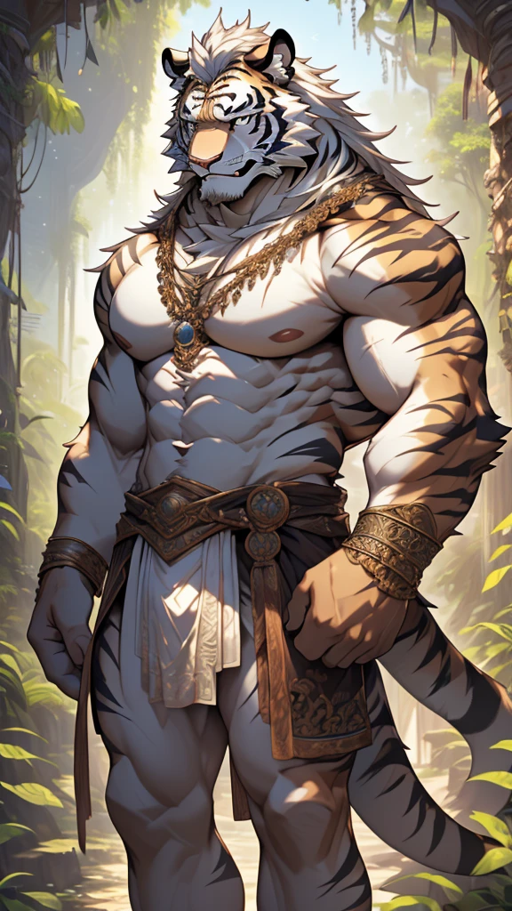 (masterpiece),(highres),(intricate details:1.4),extremely detailed,(illustration:1.2),8k,photorealistic,Anime headshot,exquisite,full body shot,aged,elder male tiger,white fur,muscular,warrior,(naked upper body:1.4),(white hair:1.3),hot jungle,sexy