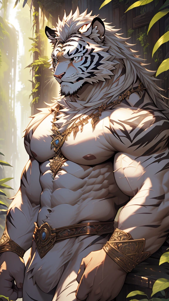 (masterpiece),(highres),(intricate details:1.4),extremely detailed,(illustration:1.2),8k,photorealistic,Anime headshot,exquisite,full body shot,aged,elder male tiger,white fur,muscular,warrior,(naked upper body:1.4),(white hair:1.3),hot jungle,sexy 