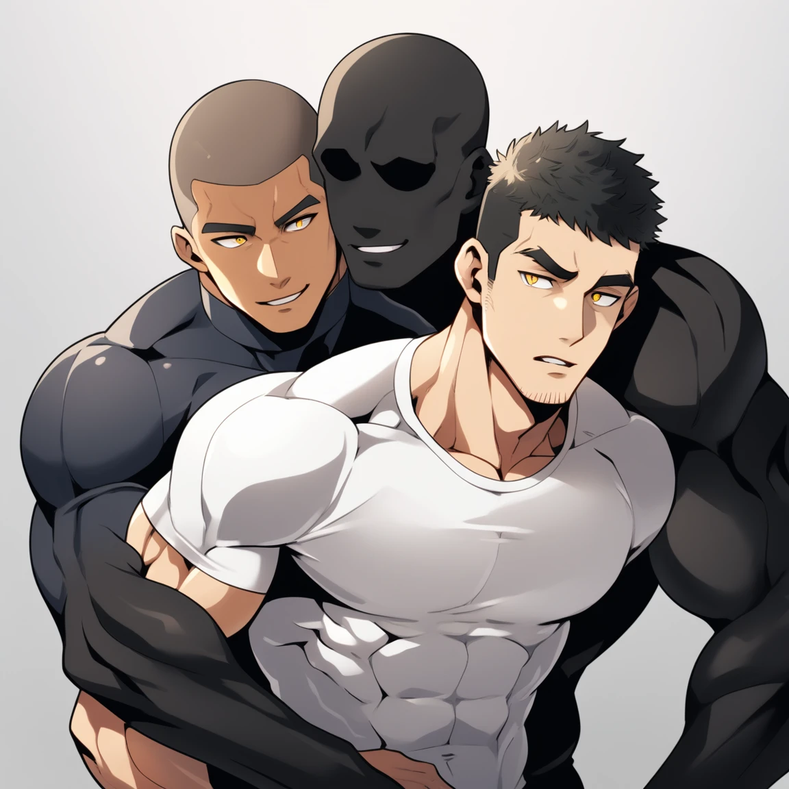 anime characters:Two superheroes in tights, Muscle Sports Student and Muscle No Face No Eyes skinhead superhero, No Face,negro black skin, They hugged and kissed each other, Bite your neck, Caress, Manliness, male focus, Yellow and black high collar long sleeve tight T-shirt, Slightly transparent material, Very tight, Round, full and perky chest muscles, Muscle waist, Slightly transparent, muscular male, muscular, only, Upper body, alone, Black short hair, Thick eyebrows, stubble, Yellow eyes, Grey background, simple background, amazing quality, best aesthetics, Ridiculous, bright pupils, crew cut, parted lips, seductive smile, torogao, naughty face, drop shadow, best quality