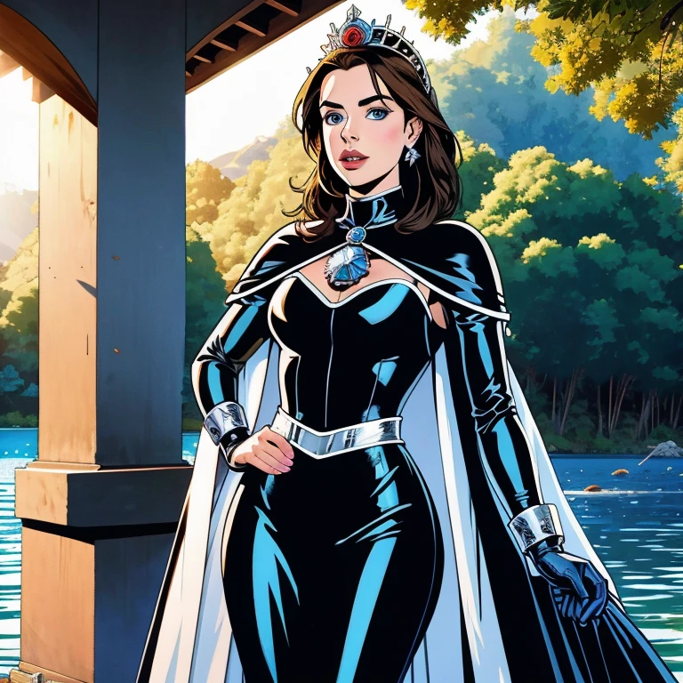 Adelaide Kane (Queen Mary Stuart, reign series), wearing shiny latex see, strong pose, looking at the camera, by the lake, detailded, giorno, rays of sunlight, ultra detailded photography, warm lighting, art station, 4K, sharp focus, high resolution, work of art.