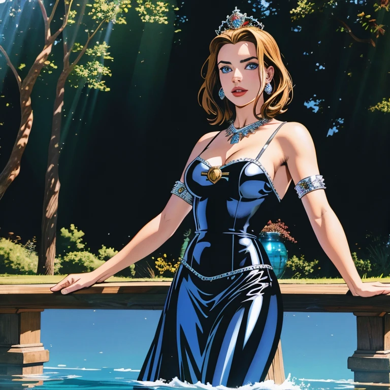 Adelaide Kane (Queen Mary Stuart, reign series), wearing shiny latex see, strong pose, looking at the camera, by the lake, detailded, giorno, rays of sunlight, ultra detailded photography, warm lighting, art station, 4K, sharp focus, high resolution, work of art.