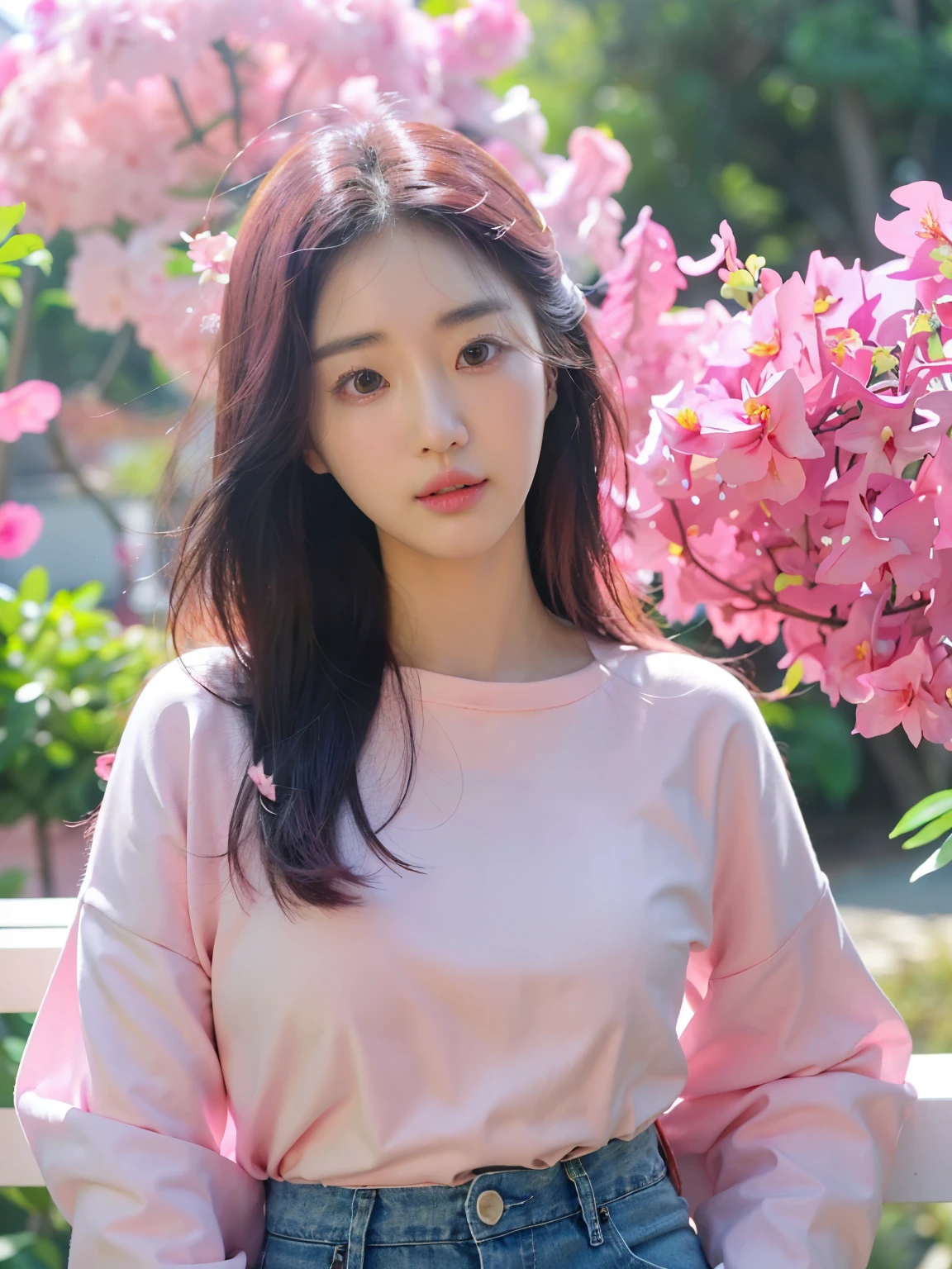 Beautiful Korean Girlfriend,(Highly detailed body, Highly detailed face, best quality:1.2) ,woman, Look at the viewer., (nice pink, jeans), (A mess of pink bougainvillea in the background.:1.4)