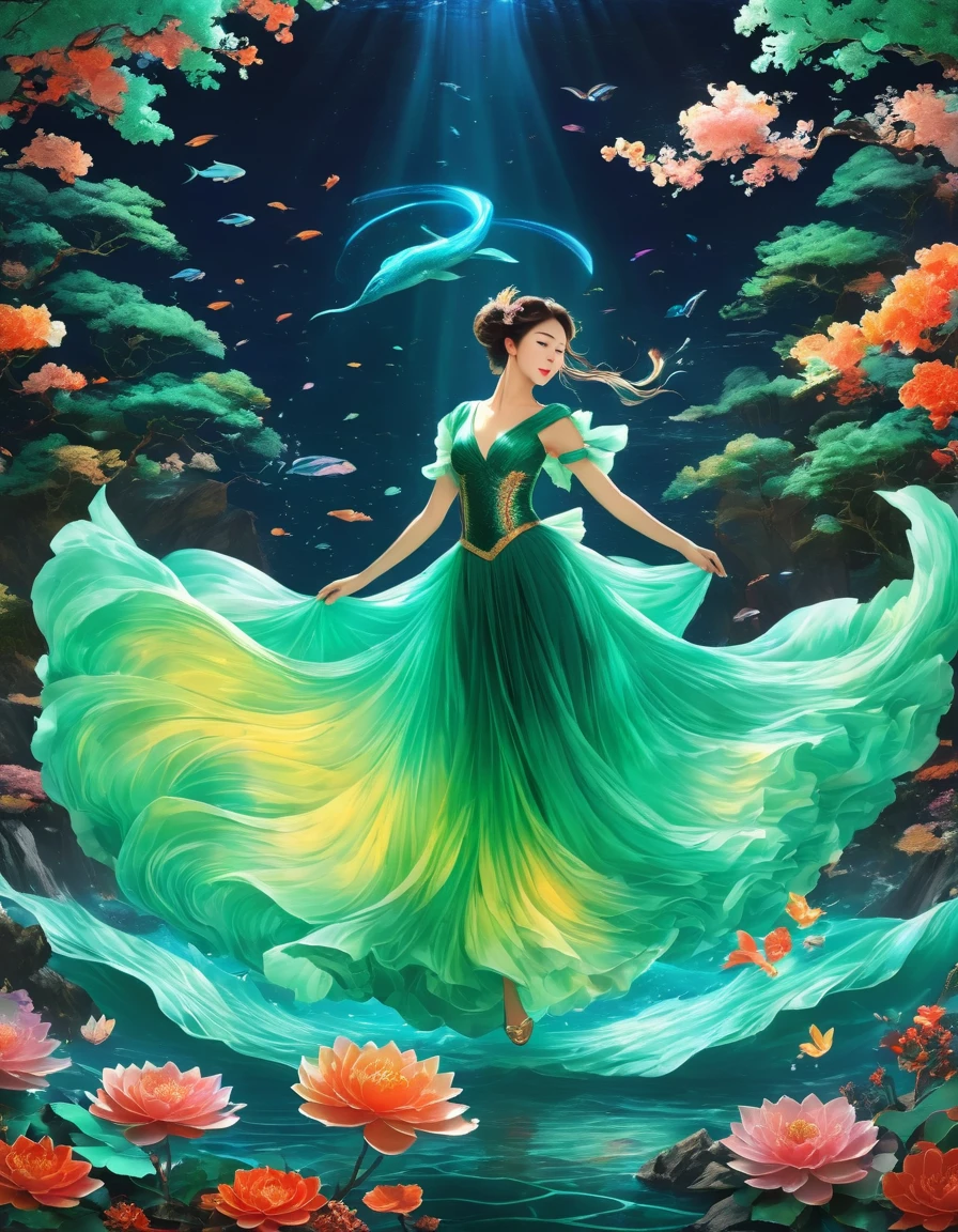 ((top-notch quality)), ((masterwork)), ((true-to-life)), Creative masterpiece, Evolution of Dance, Galactic Water Ballet, The Nebula Waltz, Expertly crafted, Choreographed, Underwater Extravaganza, Nocturnal Submergence, Ambient neon glow, Artist Hokusai, Street art, Digital artwork, Energetic color palette, 8K resolution, Three-dimensional, Graphic novel, Emerald, Octane Render, surrealistic at eye level, picturesque, masterwork.