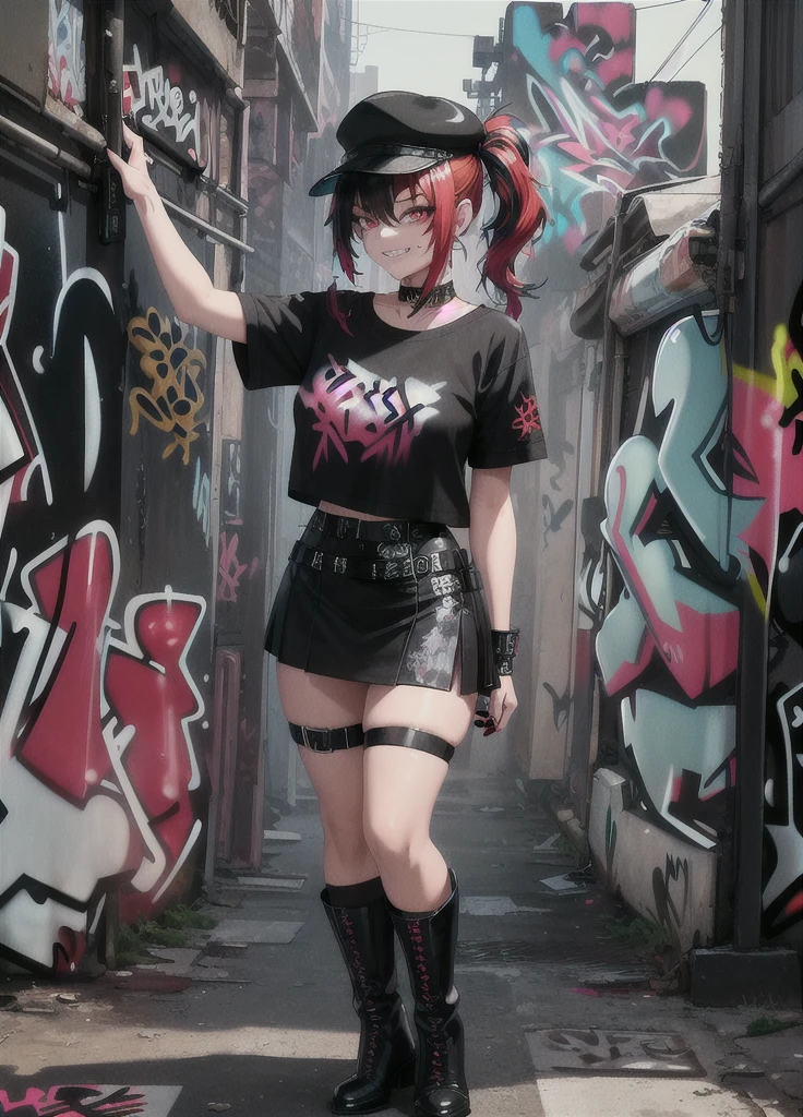 masterpiece, best quality, 1lady, solo, black hanting hat, black shirt, black mini skirt,black boots,    (graffiti:1.5), paint splatter, arms behind back, looking at viewer, armband, thigh strap, paint on body, head tilt, bored, red and multicolored hair, red eyes, evil grin, (an artistic photograph of a cyberpunk prostitute),full body shot, centered, (extremely detailed:1.2), (intricate neon slums in the background:1.1), hyper-detailed, (soft lighting:1.2), high resolution, filmic grain.