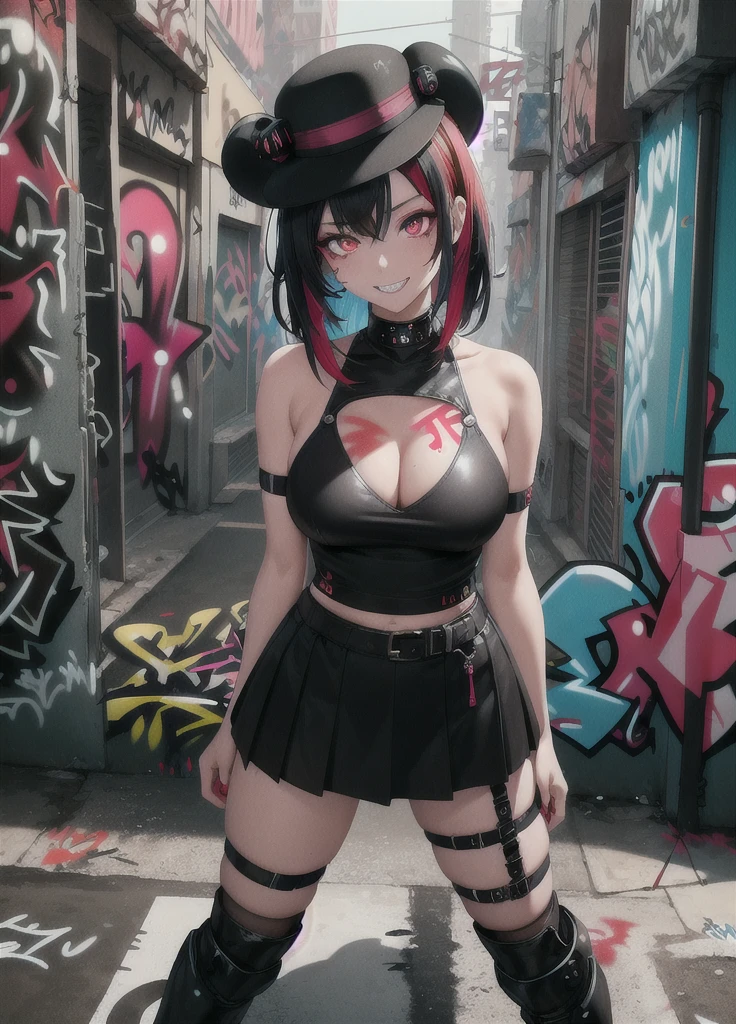 masterpiece, best quality, 1lady, solo, black hanting hat, black shirt, black mini skirt,black boots, (graffiti:1.5), paint splatter, arms behind back, looking at viewer, armband, thigh strap, paint on body, head tilt, bored, red and multicolored hair, red eyes, evil grin, (an artistic photograph of a cyberpunk prostitute),full body shot, centered, (extremely detailed:1.2), (intricate neon slums in the background:1.1), hyper-detailed, (soft lighting:1.2), high resolution, filmic grain.