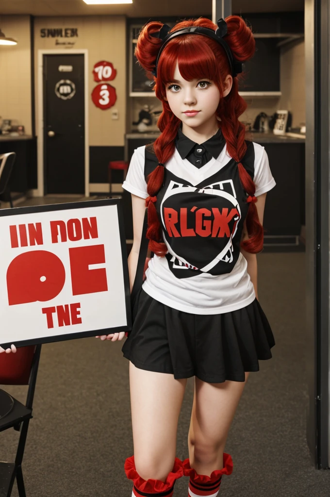 A beautiful furry 2D girl with black ears and red hair with curlers, emo girl clothes and with a sign that says we play roblox at eleven at night