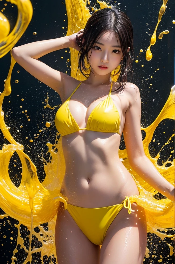 A beautiful Japanese girl is shown being showered with yellow liquid.。She is wearing a yellow bikini、The design is adorable。The color of the bikini matches the color of the liquid.、It creates a unified visual overall.。
Her hair is wet and、It's so messy it's falling on my face。My bangs are stuck to my forehead、It gives an overall sexy impression.。Her expression was a mixture of surprise and amusement.、The emotion is conveyed through the wide open mouth.。Her eyes are big、The light reflects and shines。
Her skin is wet and shiny、The healthy and smooth texture stands out。The liquid dripped down her body.、The movement is dynamically expressed.。Yellow liquid splashes、It gives the whole screen an energetic movement.。
The background is dark、Her figure and the liquid stand out even more.。Bright yellow liquid against a dark background creates visual contrast、It's a very impactful image.。The movement of the liquid and her facial expression become one.、This creates a very dynamic and visually appealing look.。
as a whole、This image perfectly combines the charm of a beautiful girl with an energetic element.。Her natural beauty and dynamic liquid movement come together.、It is a piece that leaves a strong impression on the viewer.。