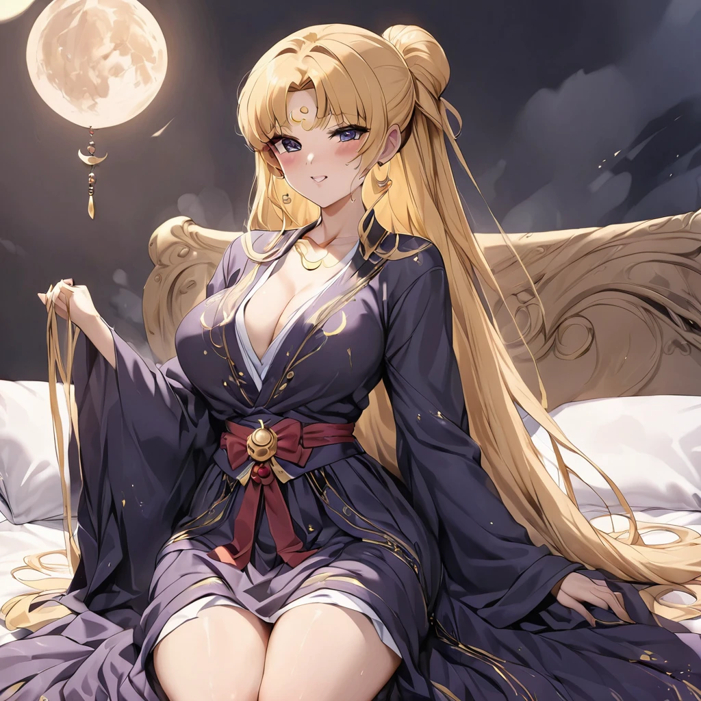 ((Highest quality)), ((masterpiece)), (detailed), (Perfect Face)、The woman has a black inverted crescent moon mark on her forehead, is wearing a gorgeous and glittering Hanfu, and is the Dark Empress wearing gorgeous jeweled accessories.、The woman is Usagi Tsukino, the noble dark empress of the Black Moon clan and has blonde hair.2The woman with long hair tied up in a knot is Tsukino Usagi.、The woman is pushed down on a luxurious bed by the dignified middle-aged Emperor Shi Huang and has sex with him.